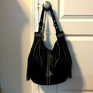 B. Makowsky handbag black silver shoulder bag with a cheetah lining